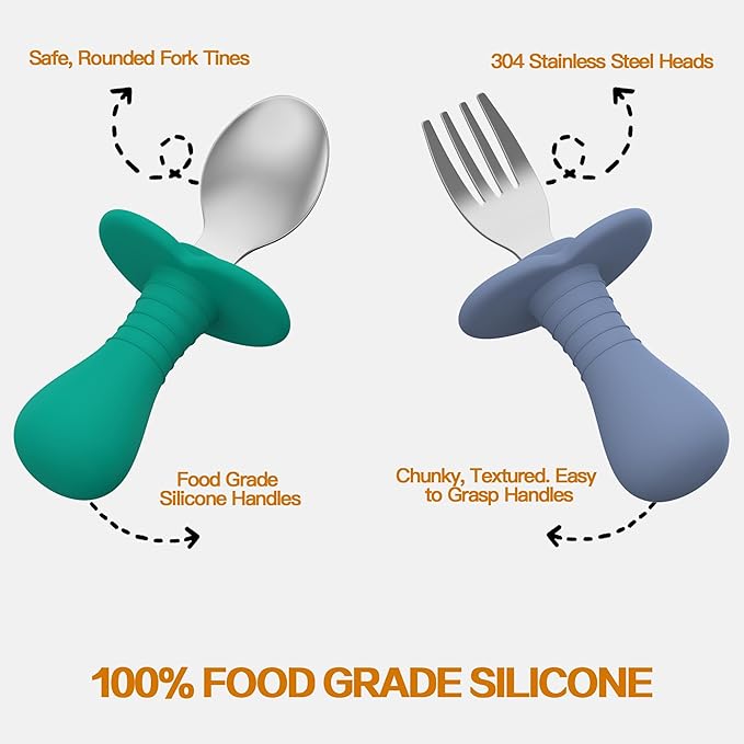 Toddler Spoons and Forks Set, 4Pcs Kids Silverware Set with Silicone Handle, 18/8 Stainless Steel Children Safe Forks and Spoons, Toddler Utensils BPA Free, Anti-Choke Design (Dark Blue, Green)