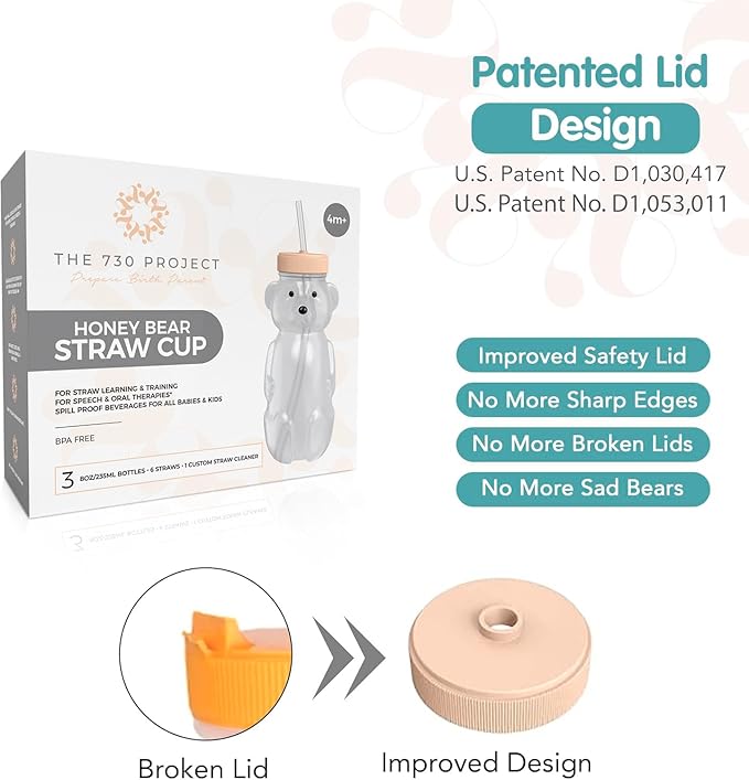 The 730 Project Honey Bear Straw Cup for Babies, 8-oz Honey Bear Cup with Lid, 3-Pack Therapy Learning Honeybear Straw, Baby Bottle Set, Creamsicle PEACH