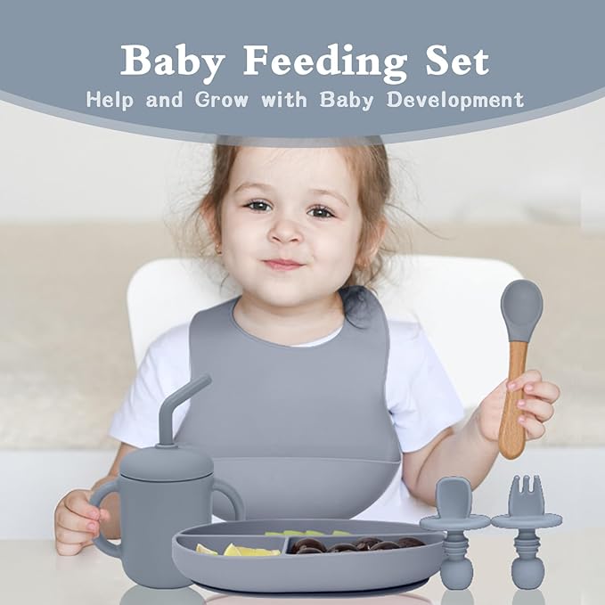 SILI FACTORY Silicone Baby Feeding Set - 10PCS Suction Baby Bowl and Divided Toddler Plates Adjustable Bib Cup Spoons Forks -Baby Led Weaning Supplies, Baby Utensils Eating Essential Set for 6+ Months