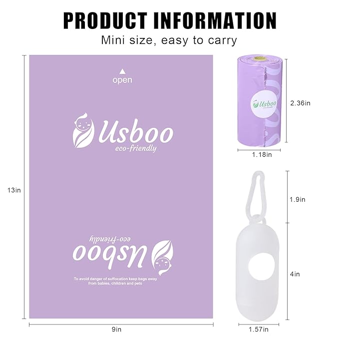 USBOO Disposable Diaper Bags for Baby, 20 Refill Rolls (300 Pack),Baby Poop Bags with Dispenser, Essential for Travel and Quick Change on The Go, Purple and Lavender Scented