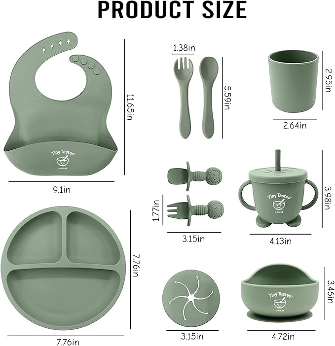 Tiny Tastes 10-Piece Silicone Baby Feeding Set – BPA-Free, Spill-Proof Suction Plate, Bowl, Bib, Snack Cup & Utensils | Dishwasher Safe, Baby Gift Ready (Green)