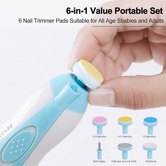 Baby Nail Trimmer Electric, Low Noise Newborn Safe Nail Clipper Kit with Light and Replaceable 6 Grinding Heads, Hand-Holding Care Polish and Trim for Infant Toddler Adults Toes Fingernails, Blue
