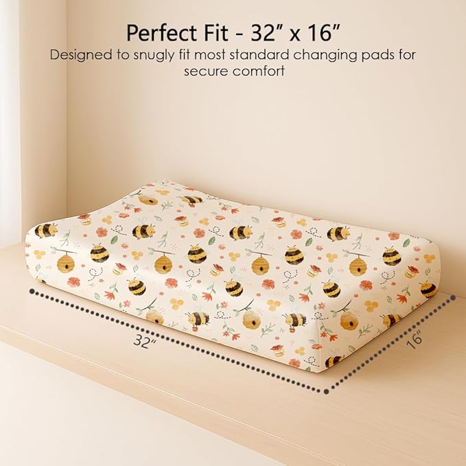 Changing Pad Cover for Baby Boys Girls 2 Pack, Fits Standard 32”×16” Changing Table Pads, Silky Breathable Stretch Knit, Machine Washable (Honeybee Dreams)