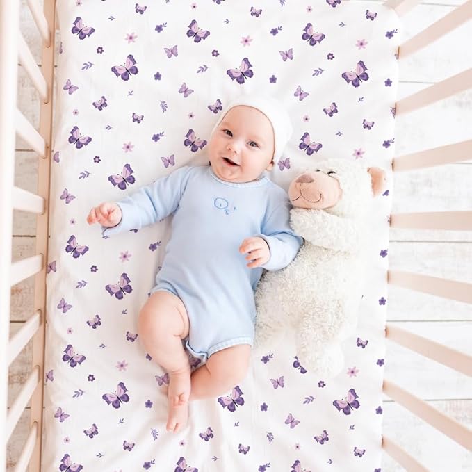 4 Pack Butterfly Baby Crib Sheets for Baby Girls Purple Crib Fitted Sheets for Standard Size Crib and Toddler Mattress Soft and Breathable (Pack N Play)