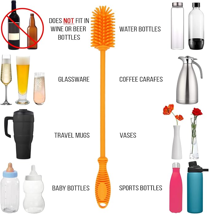 Kitchiny 12.5" Silicone Bottle Brush & Straw Cleaner Brush Set | Water Bottle Cleaner for Hydro Flasks, Tumblers, Glassware, Vases and Narrow Neck Containers