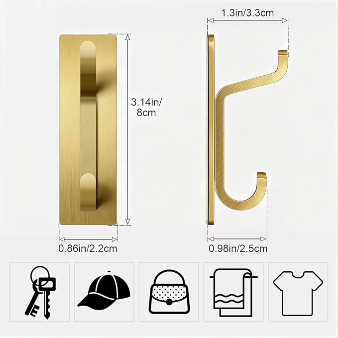 pickpiff 12 Pack Wall Hooks for Coat and Towel: 13LB Strong Adhesive Door Hanger Stick on, Brushed Gold
