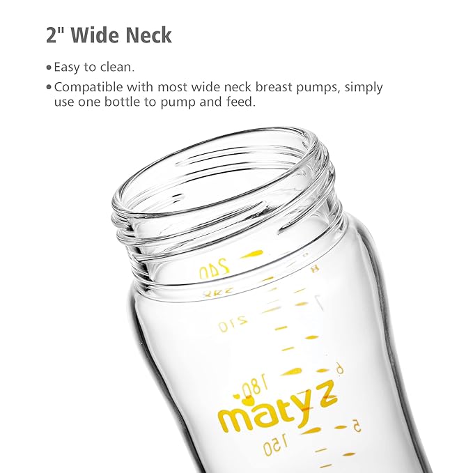 Matyz Glass Breastmilk Baby Feeding Bottle with Nipple, 4 Pack, 8 oz Slim and Light Bottle Easy to Hold, Food Grade Borosilicate Glass, Wide Neck Easy to Clean, No BPA (Pink Lids)