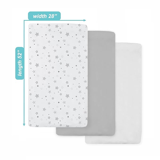American Baby Company 3 Pack 100% Natural Cotton Fitted Crib Sheets 52" x 28" - Soft, Breathable, Hypoallergenic & Gentle Toddler Bed Sheets, Super Stars/Gray/White, Neutral for Boys & Girls