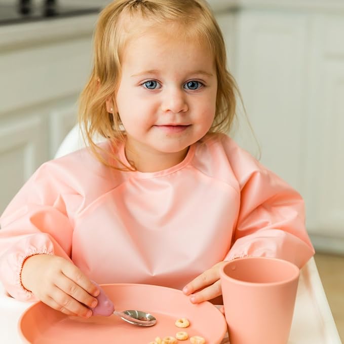 Tiny Twinkle Long Sleeve Bib for Babies & Toddlers | 2-Pack Waterproof Smock Bib for Eating | Machine Washable & Mess-Proof Feeding Essentials | Newborn Shower Gift (Peach Terracotta,6–24M)
