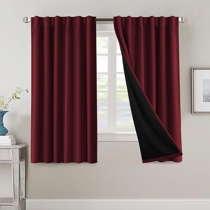 H.VERSAILTEX 100% Blackout Curtains for Bedroom with Black Liner Full Room Darkening Curtains 63 Inches Long Thermal Back Tab/Rod Pocket Window Treatment Drapes for Living Room, 2 Panels, Burgundy