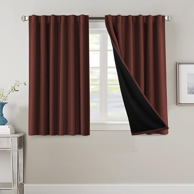 H.VERSAILTEX 100% Blackout Curtains for Bedroom with Black Liner Full Room Darkening Curtains 45 Inch Long Thermal Insulated Back Tab/Rod Pocket Window Drapes for Living Room, 2 Panels, Rust