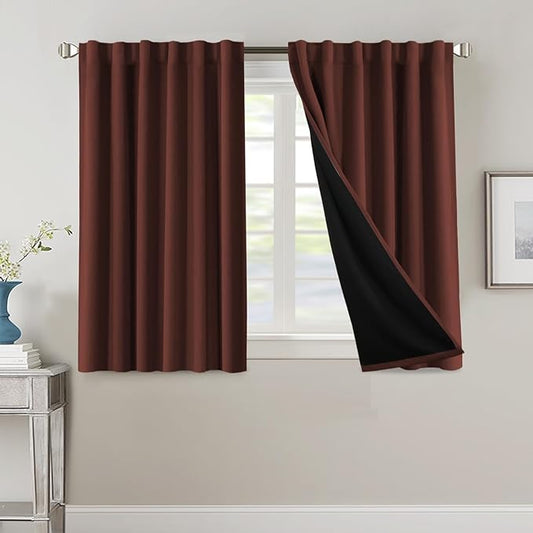 H.VERSAILTEX 100% Blackout Curtains for Bedroom with Black Liner Full Room Darkening Curtains 45 Inch Long Thermal Insulated Back Tab/Rod Pocket Window Drapes for Living Room, 2 Panels, Rust