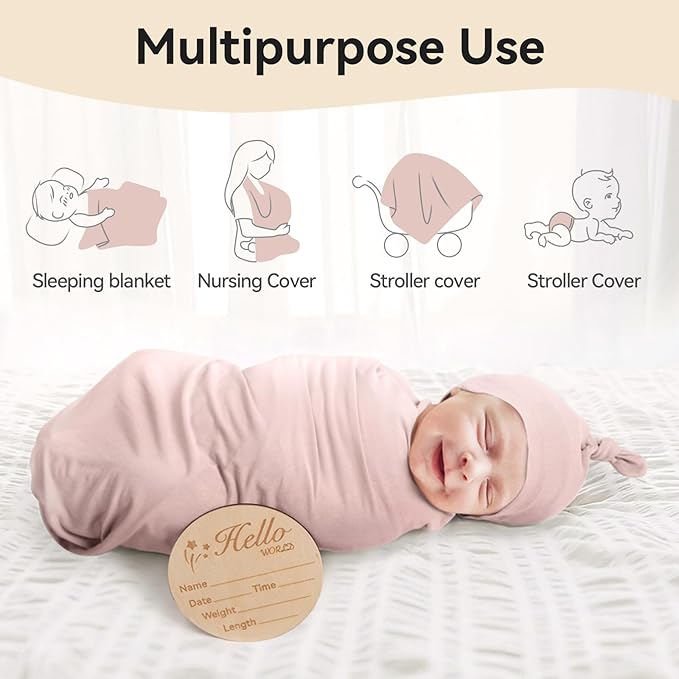 Rayon Made from Bamboo Newborn Swaddle Blanket Set with Matching Beanie, Super Soft Stretchy Baby Clothes Outfit for Girl Boy, Receiving Blankets Newborn Essentials, 35 x 35 Inch