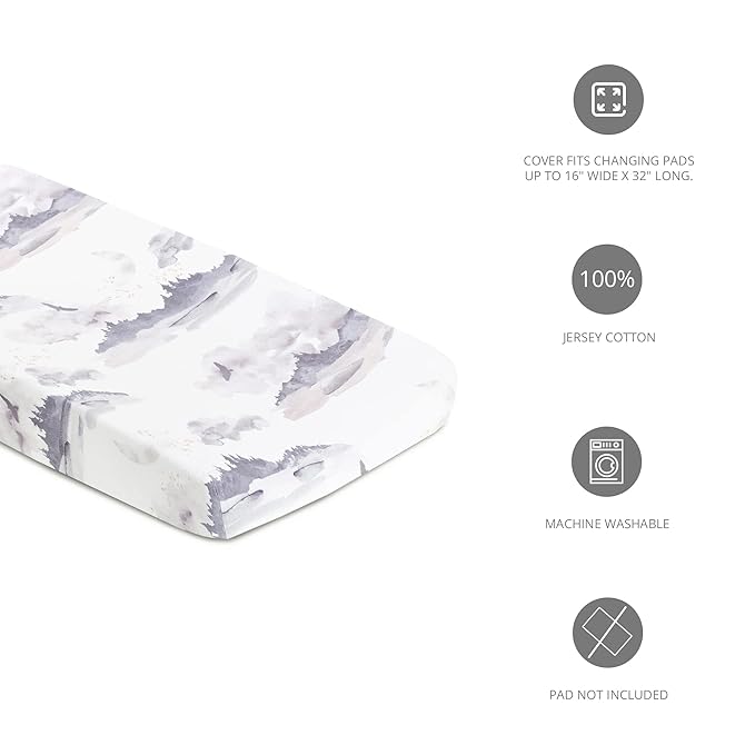 Oilo Changing Pad Cover, Breathable Turkish Cotton Fitted Jersey, 300 Thread Count, Machine Washable, Fits Standard Changing Pads (32" x 16"), Girl, Boy, & Neutral Nursery Design, Misty Mountain