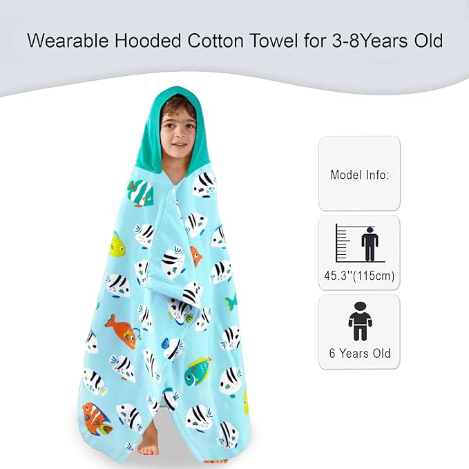 VOOVA & MOVAS Kids Beach Towels with Hood,(3-8 Years, 30''X50),Absorbent 100% Cotton Towel Wrap for Boys, Perfect for Toddler Beach, Pool, Bath, Swimming, Fish