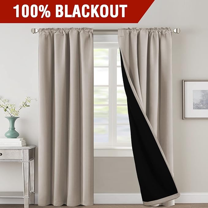 H.VERSAILTEX 100% Blackout Curtains for Bedroom with Black Liner Full Room Darkening Curtains Thermal Insulated Back Tab/Rod Pocket Window Drapes for Living Room, 2 Panels, 42 x 84 Inch, Natural Sand