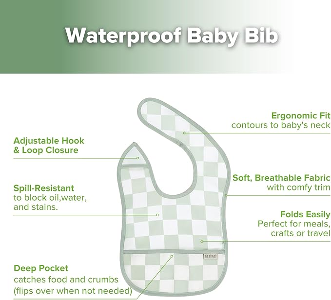 haakaa Waterproof Baby Bibs for Eating, Soft & Lightweight Toddler Bibs with Food Pocket, Easy Wipe Clean, Ages 6–24M, 2 Pack