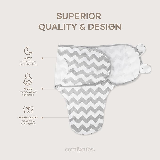 Comfy Cubs Easy Swaddle Blanket, 3 Pack - 100% Cotton Newborn Wrap, Small for 0-3 Months Infants, with Adjustable Velcro, Breathable and Durable Sleep Sack for Babies - Grey