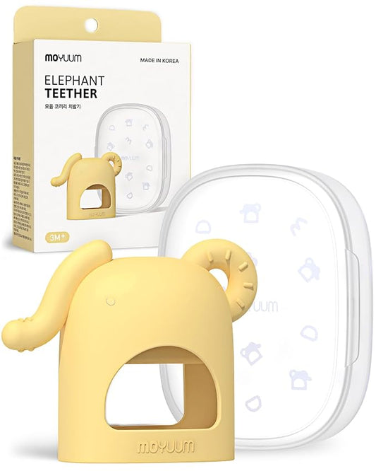 Moyuum Silicone Elephant Grip Hand Teether Toy | Made in Korea, Provides Teething Relief, Wearable Teether is Easy to Hold, Drop Resistant with Adjustable Wrist Strap, Babies 3+ Months, Yellow