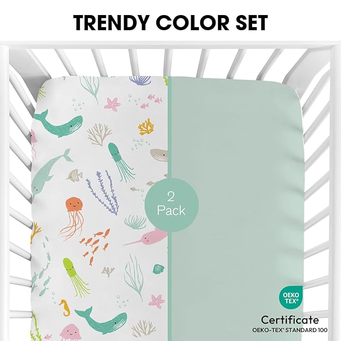 Little Grape Land Crib Sheets 2 Pack, Microfiber Fitted Crib Sheet for Standard Crib Mattress 52"x28"x8", Soft and Neutral Baby Crib Sheets for Boys and Girls, Breathable & Easy Care, Pastel Ocean