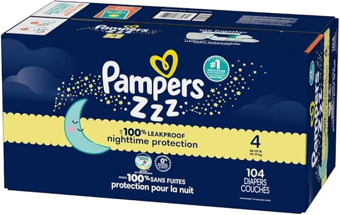 Pampers ZZZ Overnight Diapers, Size 4 (22-37 lbs), 104 Count, Nighttime Protection Disposable Baby Diaper, Night Time Leak and Skin Protection