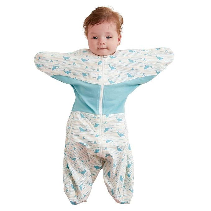 GROWNSY Transitional Swaddle Sleep Sack 3-6 Months, Starfish Design Baby Swaddle Sack, Dual-Zipper for Easy Diaper Changes, Proper Hip Development & Openable Foot Button, 12-20lbs, Whales and The Sea