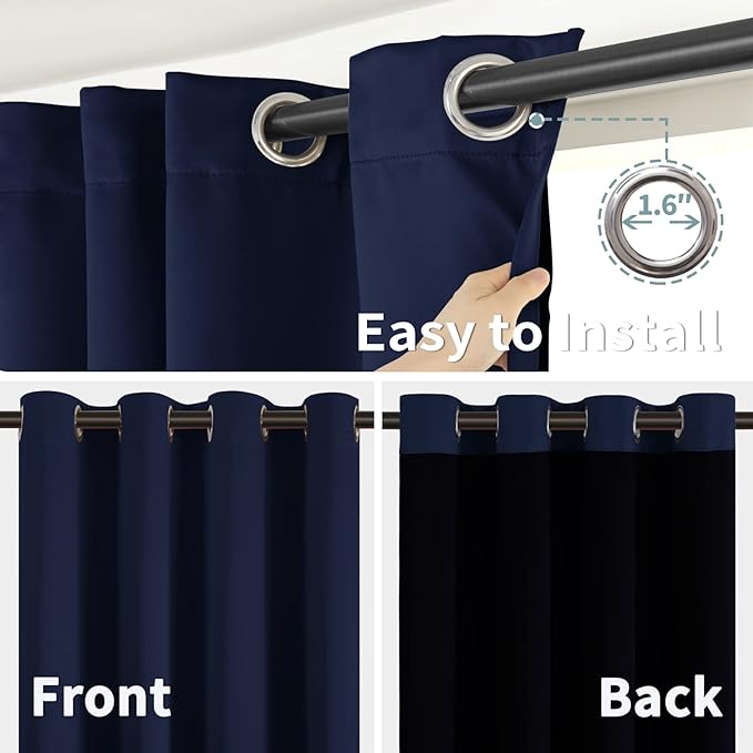 BGment Thermal Insulated 100% Blackout Curtains for Bedroom with Black Liner, Double Layer Full Room Darkening Noise Reducing Grommet Curtain (42 x 84 Inch, Navy Blue, 2 Panels)