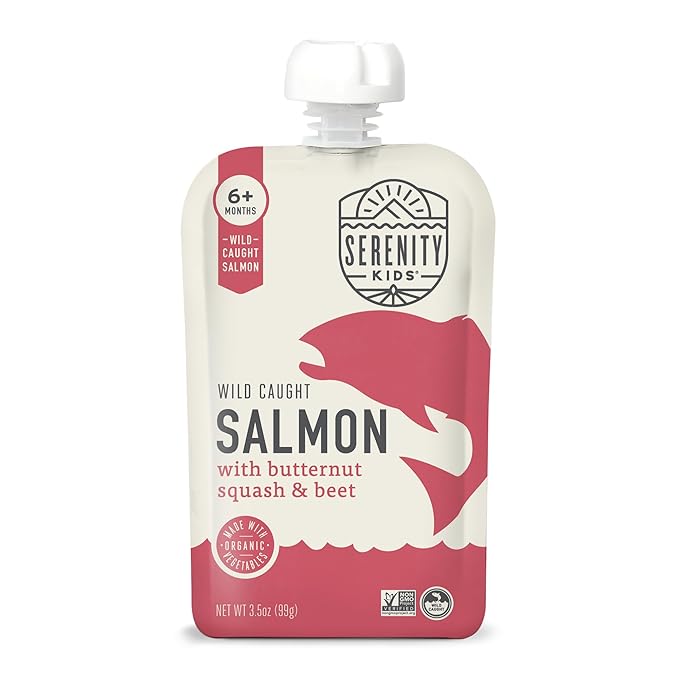 Serenity Kids 6+ Months Baby Food Pouches Puree Made With Ethically Sourced Meats & Organic Veggies | 3.5 Ounce BPA-Free Pouch | Wild Caught Salmon, Butternut Squash, Beet | 1 Count