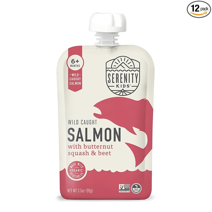 Serenity Kids 6+ Month Salmon Baby Food Pouches - No Added Sugar with Butternut Squash & Beet - BPA-Free Pouches for Infant Travel Essentials - 3.5 Oz, Pack of 12
