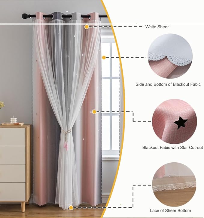 Star Girl and Kids Curtains for Bedroom Rainbow Ombre Double Layer Cute Shot Nursery Darkening Grommet Princess Room Décor 2 Panels Living Room Window Curtain (Pink Grey35W x 48L)