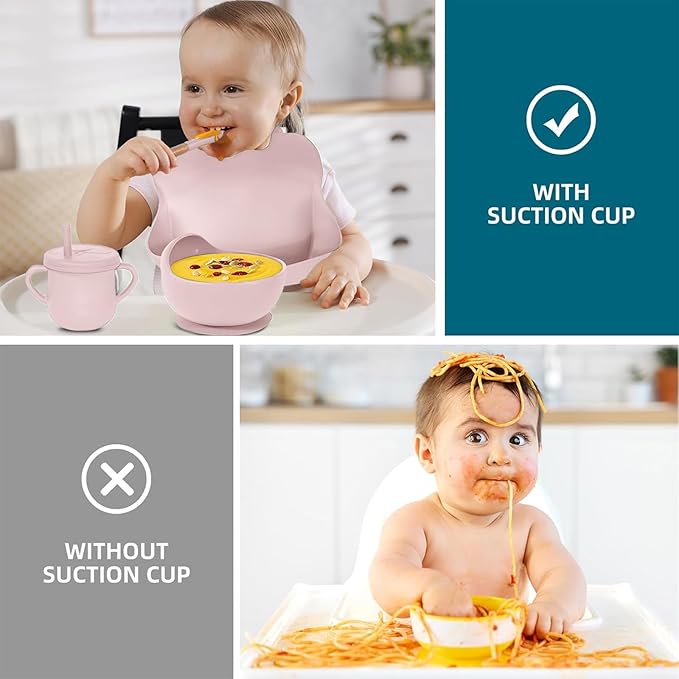 Dormlony 100% Silicone baby feeding set,BPA free Baby dishes set with Suction Bowl Divided Plate,Toddler Self Feeding Dish Set with Spoons Forks Sippy Cup And Bib, Baby Eating Utensils (Lilac)