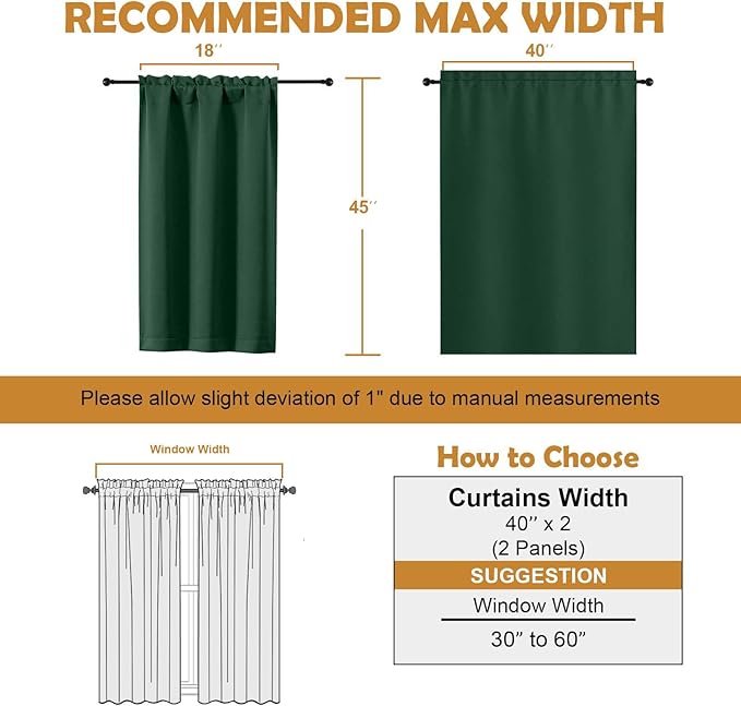 Aiyufeng Ever Green Short Blackout Curtains for Bedroom 45 Inches Long 2 Panels Set, Solid Thermal Insulated, Energy Saving Window Treatment Curtains Blackout Drapes, W40 x L45 Inch, Ever Green