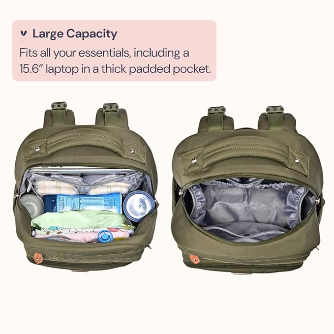 BabbleRoo Diaper Bag Backpack - Travel Large Baby Diaper Bag with Changing pad, Waterproof Baby Bags for Mom & Dad, Unisex Bags with Pacifier Case, Luggage Strap & Stroller Clips– Army Green | with Changing Pad, Pacifier Case, Stroller Straps, Multifun...