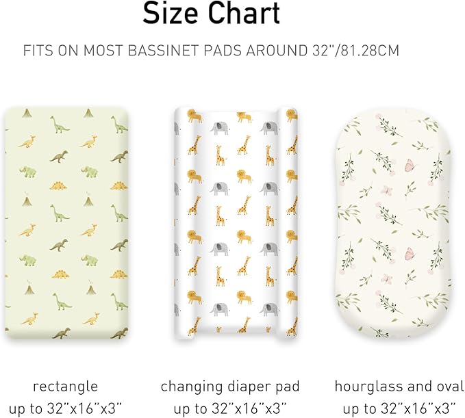 Baby Bassinet Sheets - 3 Pack Breathable Cradle Bassinet Mattress Sheets for Newborns Universal Fit for Hourglass, Oval, Rectangle Mattresses (32" x 16") Dinosaur Elephant