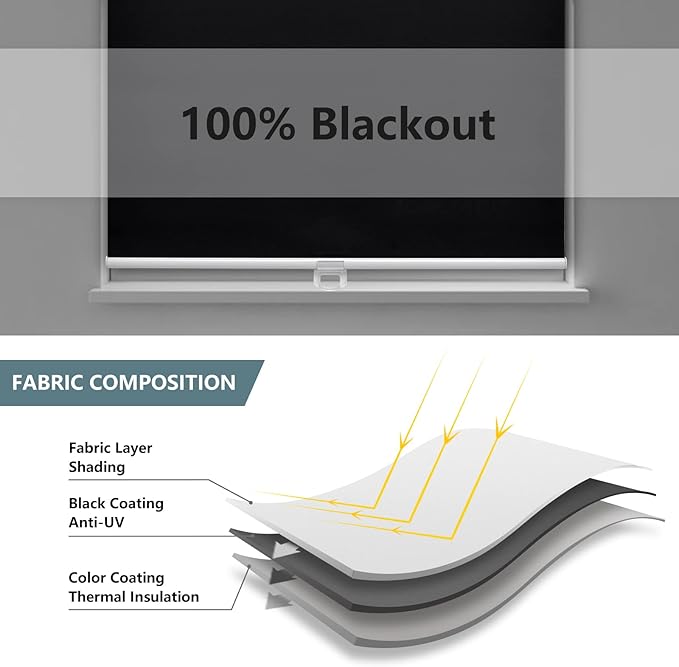 AOSKY Cordless Roller Shades Blackout Blinds for Windows Room Darkening Rolled Up Shades with Spring System, UV Protection Window Shades Door Blinds for Home and Office (58" W x 72" H, Black)