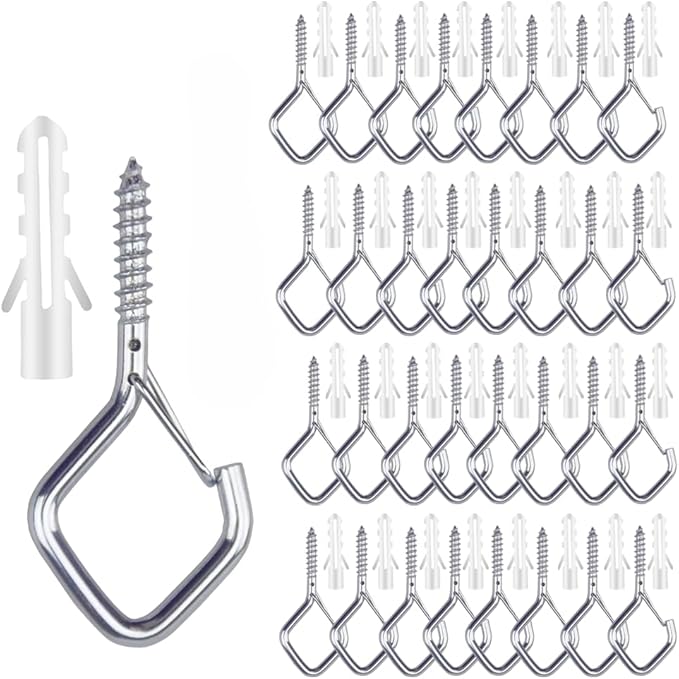 12-Pack Heavy-Duty Silver Screw Eye Hooks with Safety Clips | Metal Ceiling Hooks for Hanging Plants, Wind Chimes, Bird Feeders & Indoor/Outdoor Lights
