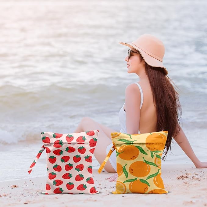 2Pcs Fruits Wet Bags 12x10 Inch, Strawberry Orange Waterproof Travel Laundry Bags, Reusable Wet Dry Bag for Swimsuit Beach Diapers Dirty Yoga Gym Clothes, Travel Gifts for Women Friend Travelers