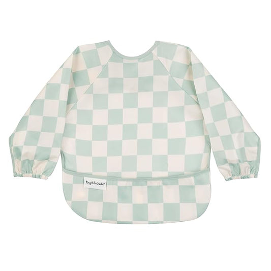 Tiny Twinkle Long Sleeve Bib for Babies & Toddlers | Waterproof Smock Bib for Eating | Machine Washable & Mess-Proof Feeding Essentials | Newborn Shower Gift (Checkers Sage, 6–24M)