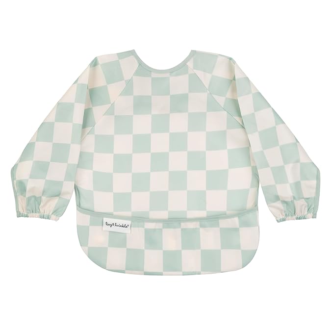 Tiny Twinkle Long Sleeve Bib for Babies & Toddlers | 2-Pack Waterproof Smock Bib for Eating | Machine Washable & Mess-Proof Feeding Essentials | Newborn Shower Gift (Black,Sage Checkers, 6-24M)