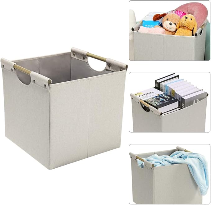 HOONEX Collapsible Storage Bins, 13x13x13in Storage Cubes Linen Fabric, 3 Pack, Storage Baskets with Wooden Carry Handles and Sturdy Heavy Cardboard, for Home, Office, Car, Nursery, Beige