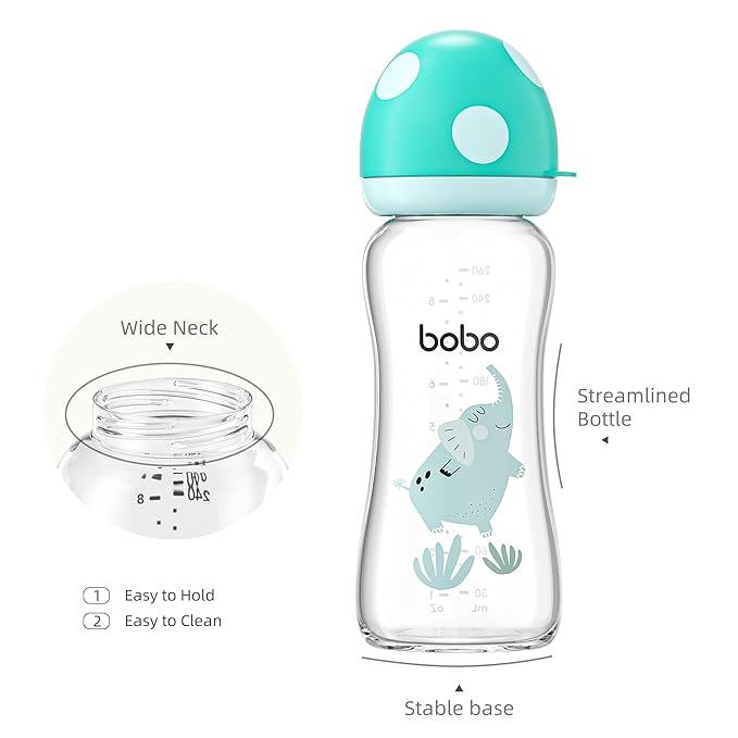 YOHKOH Natural Glass Baby Bottle with Level 2 Medium Flow Nipple, Newborn Anti-Colic Baby Bottles, Wide Neck Mushroom Baby Glass Bottle (8.8ounce (Pack of 4), Blue2)