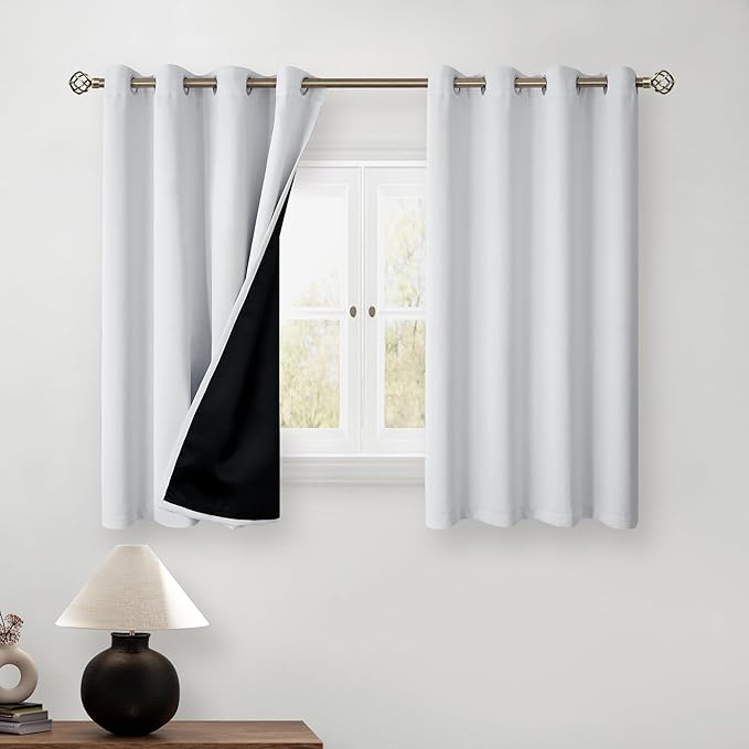 BGment Greyish White Short Blackout Curtains for Bedroom, Thermal Insulated Energy Efficiency Noise Reducing Grommet Curtains 45 Inch Length with Liner for Small Window 2 Panels Each 52 Inch Wide