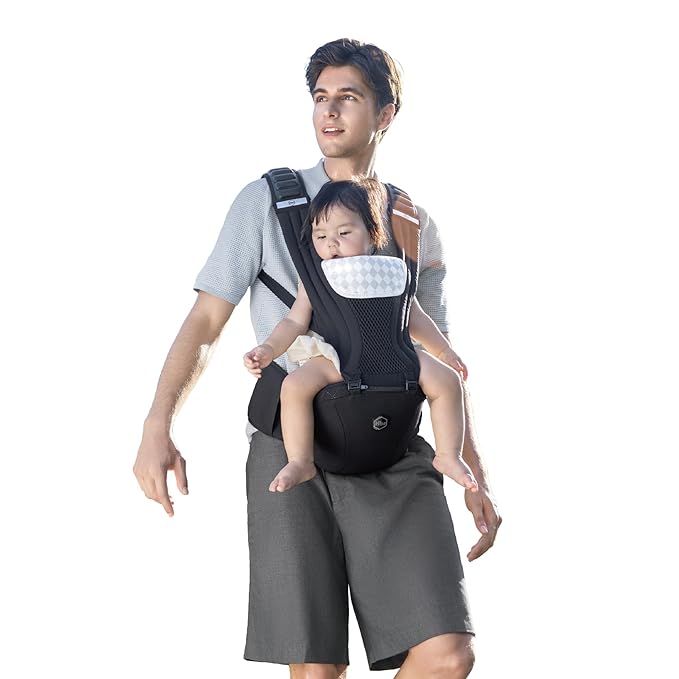 HBR Baby Carrier with Hip Seat, 2-in-1 Ergonomic Front Facing Toddler Carrier, Breathable Mesh, Air-Padded Shoulder Straps & Reflective Back Support, Fits Waists up to 47 Inches, Black