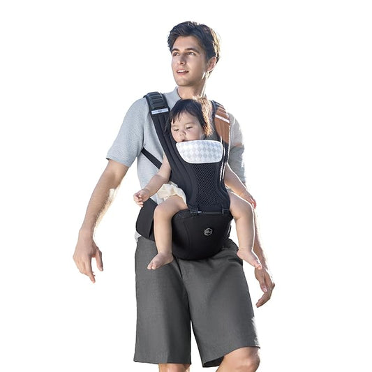HBR Baby Carrier with Hip Seat, 2-in-1 Ergonomic Front Facing Toddler Carrier, Breathable Mesh, Air-Padded Shoulder Straps & Reflective Back Support, Fits Waists up to 47 Inches, Black