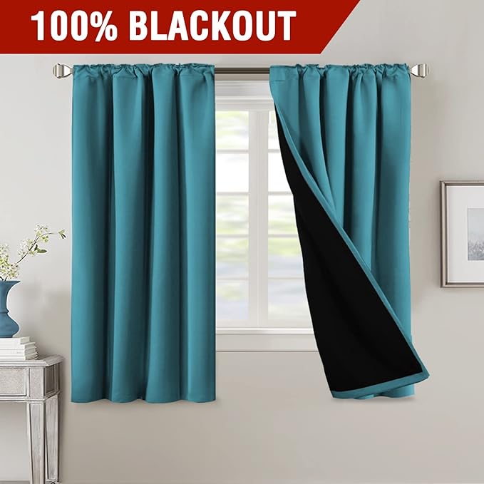 H.VERSAILTEX 100% Blackout Curtains for Bedroom with Black Liner Full Room Darkening Curtains Thermal Back Tab/Rod Pocket Window Drapes for Living Room, 2 Panels, 42 x 63 Inch, Turquoise Blue