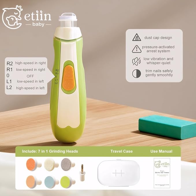 Baby Electric Nail Trimmer | Safe + Easy Baby Nail File, Baby Nail Clipper + Nail Filer Buffer for Newborn, Toddler, or Children's Fingernails/Toenails, 7 Grinding Heads, LED Light, Storage Case