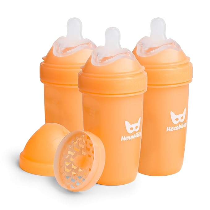 Herobility Anti-Colic Baby Bottles 8.5 fl oz/240ml - Pack of 3 Plastic Baby Bottles, Slow Flow Plastic Bottles, Breast-Shaped Teat for Breastfed Babies, Small Baby Bottles, Peach, Swedish Design