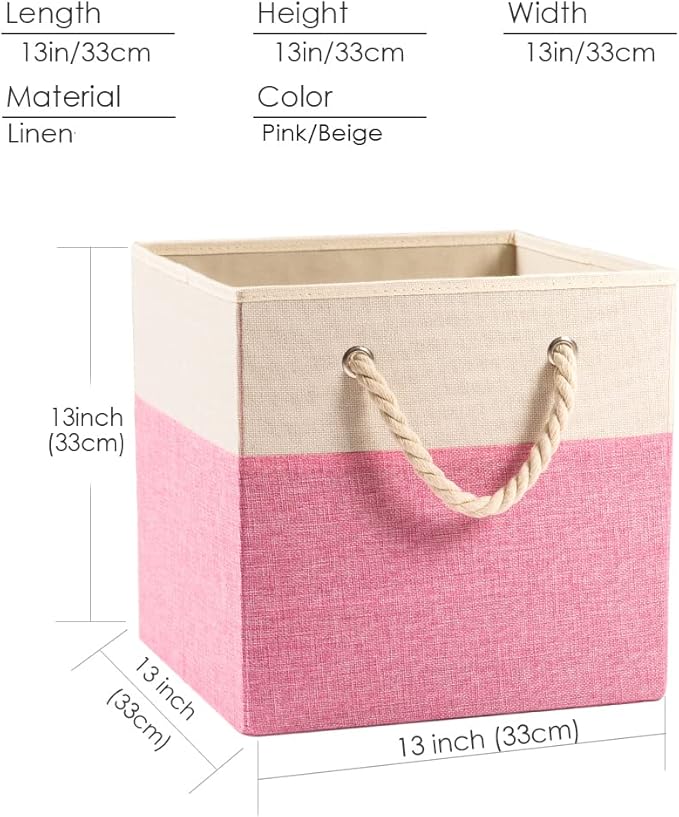 PRANDOM Large Foldable Cube Storage Bins 13x13 inch [2-Pack] Fabric Linen Storage Baskets Cubes Drawer with Cotton Handles Organizer for Shelves Nursery Closet Bedroom Pink