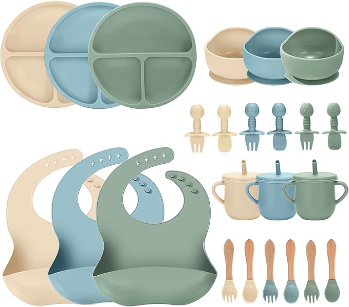 JELLDJK 24 PCS Silicone Baby Feeding Set, Baby Led Weaning Supplies Includes Suction Bowls and Divided Plates, Adjustable Silicone Bib, Spoons&forks, Training cup with straw (Green+Blue+Beige)