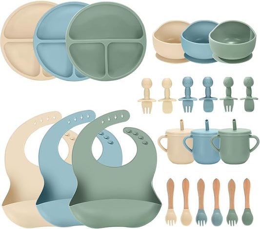 JELLDJK 24 PCS Silicone Baby Feeding Set, Baby Led Weaning Supplies Includes Suction Bowls and Divided Plates, Adjustable Silicone Bib, Spoons&forks, Training cup with straw (Green+Blue+Beige)